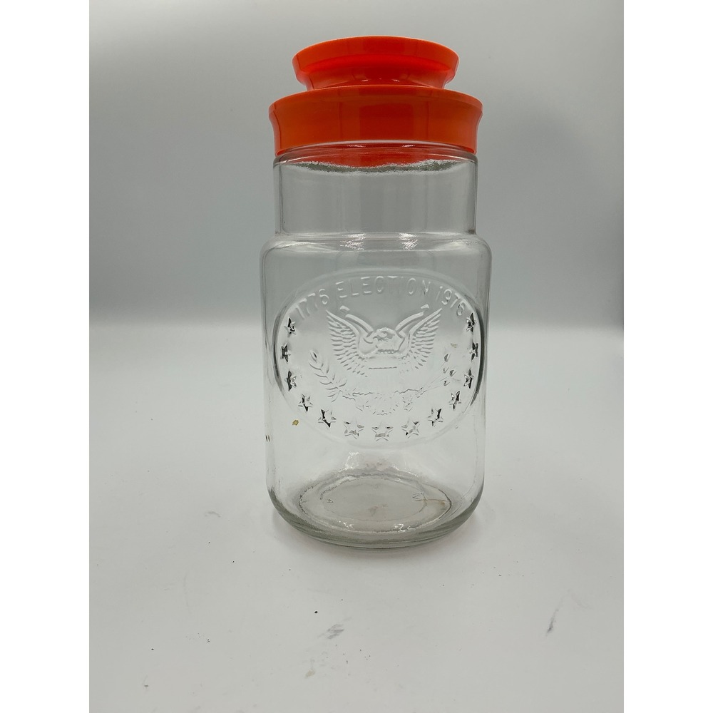 Vintage 1776-1976 Bicentennial Election Glass Canister Jar with Orange Lid